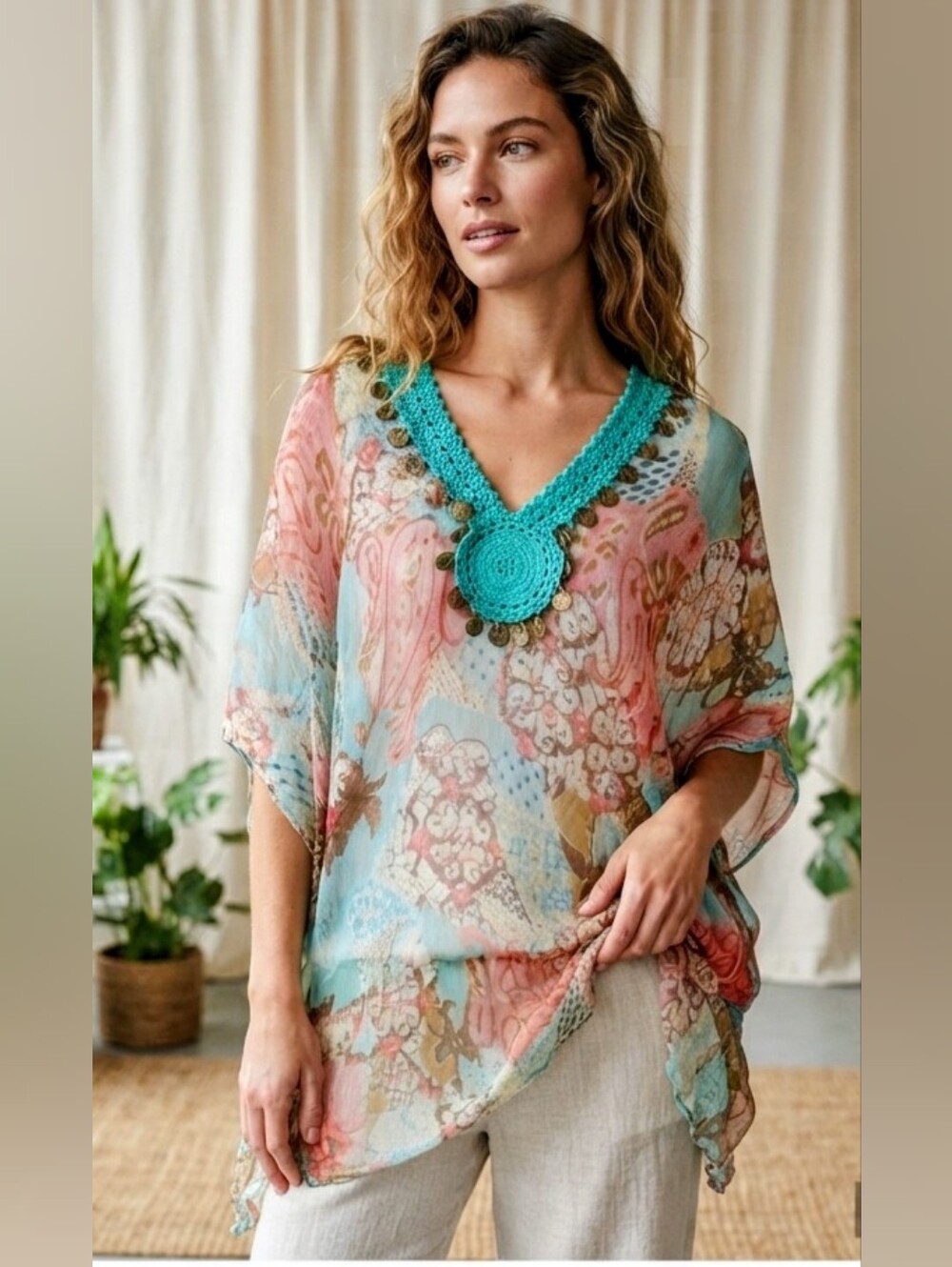 Crochet-Trim Floral Boho Tunic Top in Aqua and Pink O/S EUC
